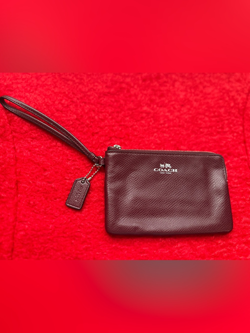 Coach Burgundy Leather Wristlet Pouch with Logo